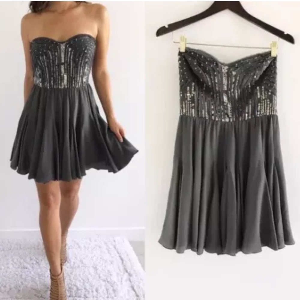 Rebecca Taylor gray silk strapless sequin dress